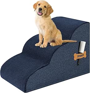 ROMROL Dog Stairs 3 Steps - Non-Slip Pet Stairs for Small Dogs & Cats - Washable Cover, High Density Memory Foam - Soft Entry Aid for Sofa & Bed - Joint Friendly, Navy