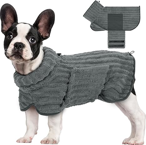 Woiil Microfibre Dog Bathrobe, Ultra Absorbent Dog Bathrobe with Fastener and Adjustable Elastic, Machine Washable, Suitable for Large, Medium and Small Dogs, Grey (M)