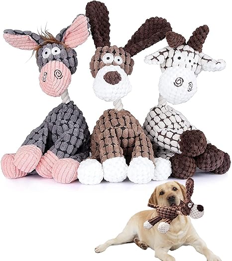 Pack of 3 Dog Toys - Squeaky Plush Toy for Small and Medium Dogs - Donkey, Dog, Sheep