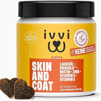 ivvi Skin & Coat Omega 3 for Dogs Against Itching in Treat Format, for Healthy Skin & Shiny Coat - with Biotin, DHAgold, Zinc, Vitamin C, Salmon Oil - 60 Delicious Snacks (270 g) with Salmon