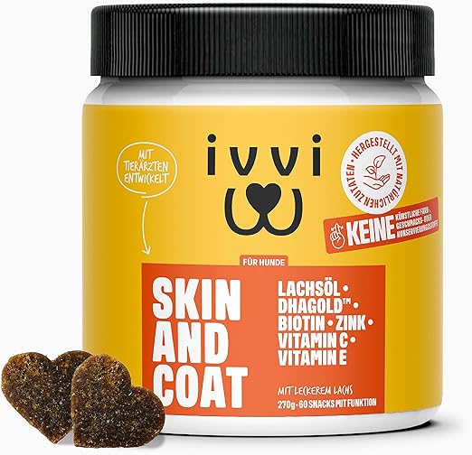 ivvi Skin & Coat Omega 3 for Dogs Against Itching in Treat Format, for Healthy Skin & Shiny Coat - with Biotin, DHAgold, Zinc, Vitamin C, Salmon Oil - 60 Delicious Snacks (270 g) with Salmon