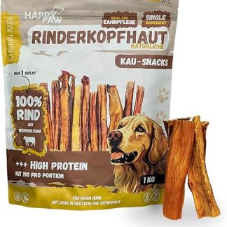 HappyPaw 1 kg Beef Scalp (15 cm) - 100% Natural Chew Snacks for Dogs - Dental Care & Chewing Fun - Gently Dried, Protein Rich & Low Fat - Chew Items without Additives & No Chemicals