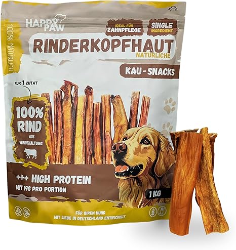 HappyPaw 1 kg Beef Scalp (15 cm) - 100% Natural Chew Snacks for Dogs - Dental Care & Chewing Fun - Gently Dried, Protein Rich & Low Fat - Chew Items without Additives & No Chemicals