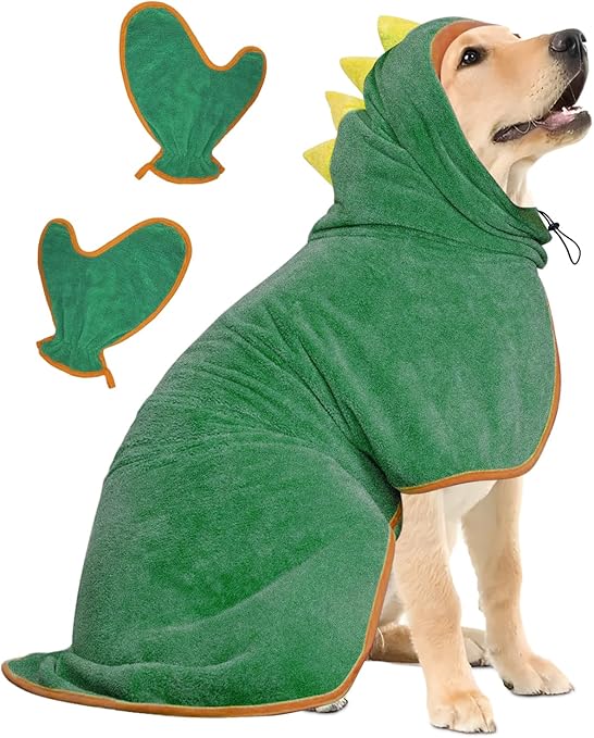 Dog Bathrobe, Quick Drying Microfibre Bath Towel, Bibykivn Adjustable Dog Towel with Velcro Closure, Absorbent Dog Bathrobe with Hat for Large Dogs (XL, Green)