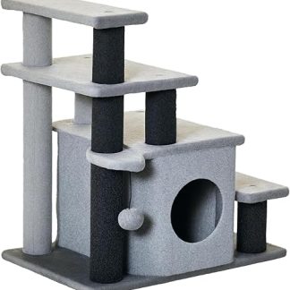 PawHut Dog Stairs 3/4 Steps 66 cm High Pet Stairs with Sleeping Cave, Ramp, Sipelball, Cat Stairs for Medium Cat Dog Ramp Entry Aid for Bed, Sofa, Couch, Grey