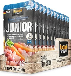 BELCANDO Junior [12 x 125 g Chicken with Carrots] | Wet Food for Dogs | Complete Food in Single Portion Bag for Dogs