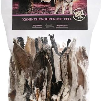 Dehner Wild Nature Dog Snack, Premium Dog Treat, Gluten-Free / Sugar-Free, Chew Snack for Nutrition-Sensitive Dogs, Rabbit Ears with Fur, 500 g