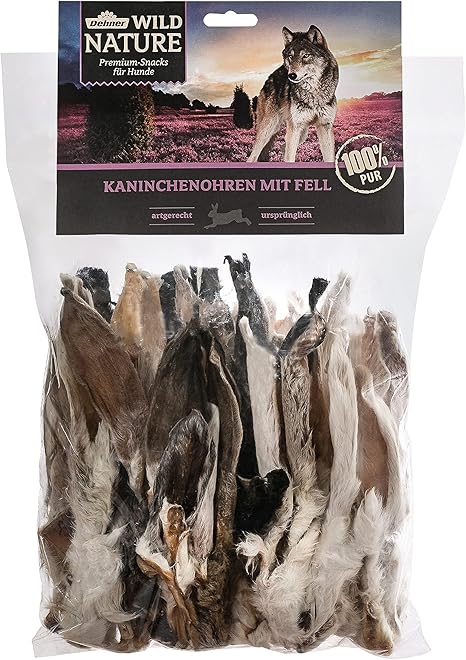 Dehner Wild Nature Dog Snack, Premium Dog Treat, Gluten-Free / Sugar-Free, Chew Snack for Nutrition-Sensitive Dogs, Rabbit Ears with Fur, 500 g