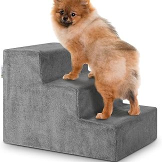 Juskys Pet Stairs, Dog Stairs, 36 cm, 3 Steps, Plush Covered, Washable, Cat Stairs, Dog Ramp for Bed, Sofa, Couch and Car, Grey Cover