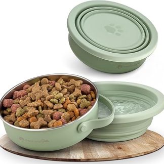 mea:hana Pets Dog Bowl for Travel 900 ml with Lid – Ideal for Travel, Outdoor – Stainless Steel Feeding Bowl with Foldable Silicone Lid as Second Bowl, Dog Accessories – Robust, Compact, Hygienic