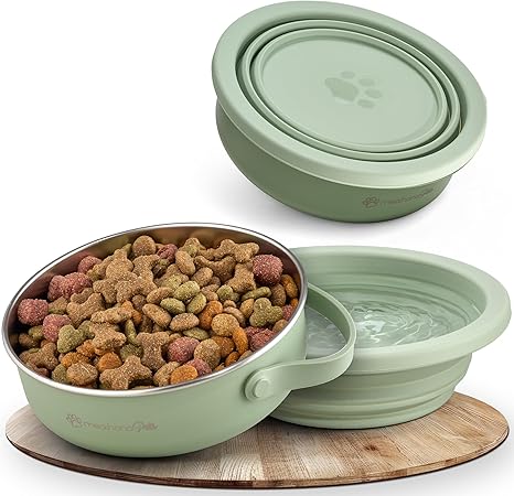 mea:hana Pets Dog Bowl for Travel 900 ml with Lid – Ideal for Travel, Outdoor – Stainless Steel Feeding Bowl with Foldable Silicone Lid as Second Bowl, Dog Accessories – Robust, Compact, Hygienic