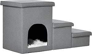 PawHut Dog Stairs 3 Steps 40.5 cm High Pet Stairs with Cave Cushion Storage Space Cat Stairs for Small Dogs Dog Ramp with Washable Cover Entry Aid for Bed, Sofa, Couch and Car Light Grey