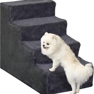 PawHut Dog Stairs 4 Steps 44 cm High Pet Stairs for Small Dogs Cat Stairs Dog Ramp with Washable Cover Entry Aid for Bed, Sofa, Couch, Dark Grey
