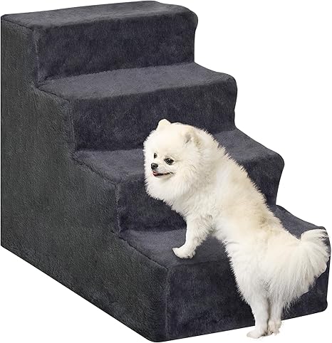 PawHut Dog Stairs 4 Steps 44 cm High Pet Stairs for Small Dogs Cat Stairs Dog Ramp with Washable Cover Entry Aid for Bed, Sofa, Couch, Dark Grey
