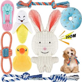 RIO Direct Dog Toy Small Dogs, Pack of 8 Squeaky Plush Dog Rope, Puppy Toy, Small Puppies, Washable, Natural Cotton and Non-Toxic (Pretty Rabbit Style)