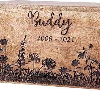 Maryam Crafts - Personalised Pet Urn for Dog Ashes with Engraved Dandelion Grass and Butterfly, Wooden Urn for Dogs and Cats, Small to Large