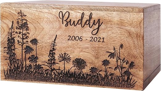 Maryam Crafts - Personalised Pet Urn for Dog Ashes with Engraved Dandelion Grass and Butterfly, Wooden Urn for Dogs and Cats, Small to Large