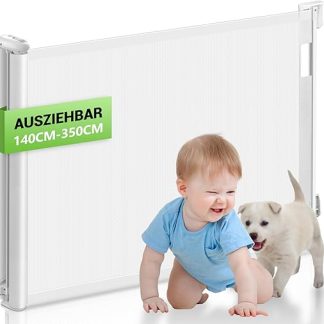 HAPPY FINDING Stair Safety Gate Extendable Extra Wide 350 cm | 84 cm High | Effortless One Click Lock | One-Handed Operation | Extendable Door Gate Made of PVC ABS for Stairs/Doors/Indoor and Outdoor Use