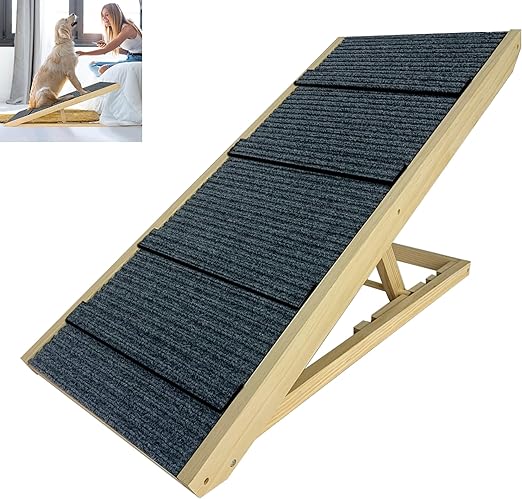 FIVMEN Dog Ramp 60 cm Wooden Foldable Height Adjustable Pet Stairs with Non-Slip Step Mat Dog Stairs for Bed Sofa 100 x 40 x 60 cm