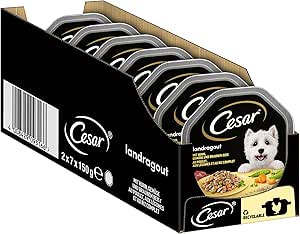 Cesar Dog Food Wet Food Recommendation of the Chef with Lightly Grilled Chicken Pieces, Natural Rice and Vegetables in Sauce, 14 Bowls (14 x 150 g)