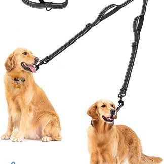 PetBonus Double Dog Lead for 2 Dogs, No Tangle Lead for 2 Dogs, Large, Adjustable, Reflective Double Leads with 4 Cosy Padded Handles (Black)