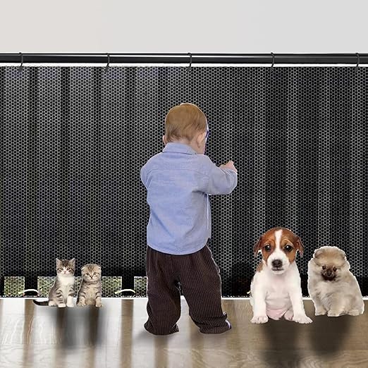 FAINCA 200 x 79 cm Stair Safety Net, Stair Protective Net for Children, Safety Net Stairs with Nylon Rope, Long Buckle Strap, Safety Net for Children, Pets, Toys (Black)