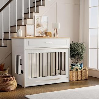 DAWNYIELD Dog Crate Furniture, Wooden Dog Cage with Flap Up Door and Drawer, Furniture Style Indoor Dog Kennel End Table with 360° Rotating Dog Bowl, White