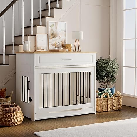 DAWNYIELD Dog Crate Furniture, Wooden Dog Cage with Flap Up Door and Drawer, Furniture Style Indoor Dog Kennel End Table with 360° Rotating Dog Bowl, White