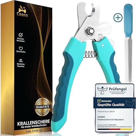 COARO Claw Scissors for Dogs and Cats with High-Quality Stopper as Injury Protection - Includes Stable Fixation - Claw Cutter with Professional File - Made of Robust Stainless Steel (S)