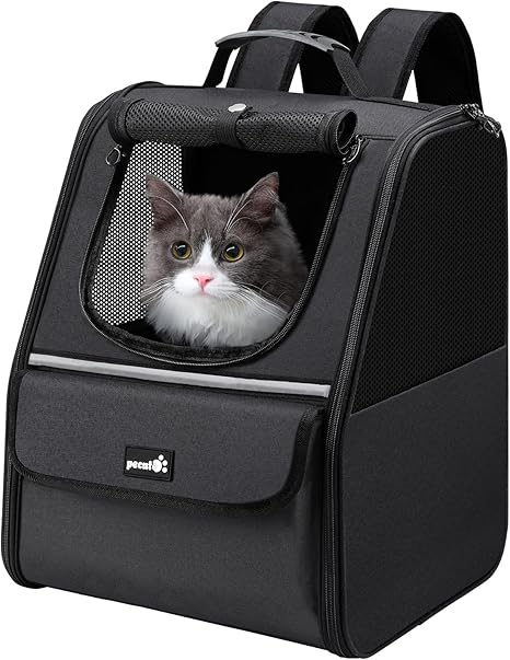 pecute Cat Backpack Pet Backpack with Mesh Window, Portable and Foldable Cat Bag, Breathable and Lightweight Dog Bag, Multifunctional Night Out Travel, Black, up to 6 kg