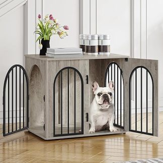 Hzuaneri DFC85505B Dog Cage Furniture, 68 cm Dog Box for Home, 3 Doors, Arch Door, Modern Dog Box Indoor for Dogs, Side Table, Dog Cage Heavy Duty, 68 x 49 x 56 cm, Light Ivory