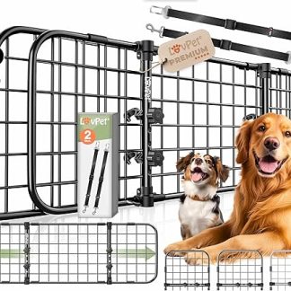 LOVPET® Car Dog Gate, Car Safety Gate, Divider Grille, Universal, Adjustable Width, Headrest, Boot Car Grille, Dimensions 30 x 91-153 cm, Boot Grille, + 2 x Seat Belts for Dogs, Black