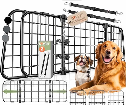 LOVPET® Car Dog Gate, Car Safety Gate, Divider Grille, Universal, Adjustable Width, Headrest, Boot Car Grille, Dimensions 30 x 91-153 cm, Boot Grille, + 2 x Seat Belts for Dogs, Black