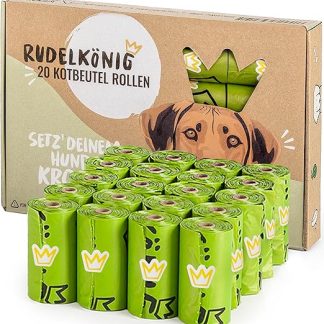 Rudelkönig Biodegradable Dog Poop Bags - 135/300 Leak-Proof Poop Bags for Dogs, Extra Thick & Tear-Resistant - Free Bag Dispenser - 15 Bags per Roll
