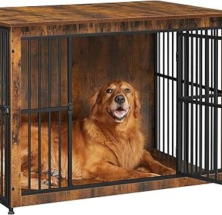 Feandrea Dog Cage Furniture, Side Table, Dog Box, Modern Indoor Dog Kennel for Dogs up to 37 kg, Heavy Duty, Closed Base, Dog House, 2 Doors, Vintage Brown PFC024X01