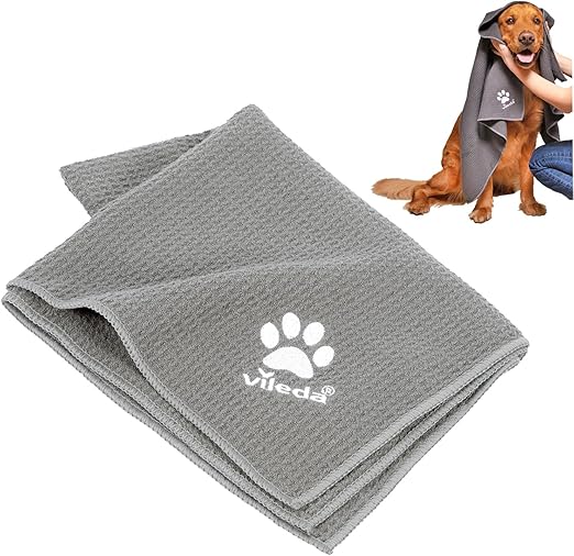 Vileda Pet Pro Mikrofaser-Handtuch XL, zur Reinigung und zum Abtrocknen von Haustieren, 65 x 100 cm, Handtuch mit Waffelstruktur, weiches Mikrofaser-Material, für große Hunde, Grau