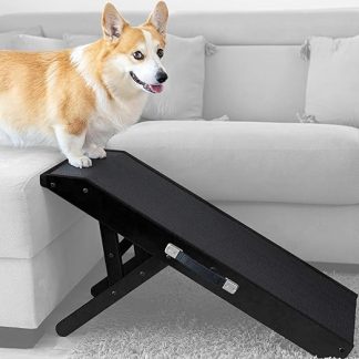 Dog Ramp - Dog Stairs for Small Dogs and Large Dogs - Adjustable 18-53 cm - For Bed Sofa - Birch Wood - Landing Platform Connects Seamlessly - Dog Ramp Foldable - Non-Slip Insert Black