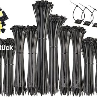 Set of 1200 Black Cable Ties, 100/150/200/250 mm, UV Resistant, Self-Locking for Garden, Workshop, Cable Management with 50 Self-Adhesive Base Holders