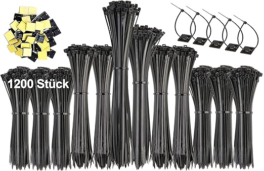 Set of 1200 Black Cable Ties, 100/150/200/250 mm, UV Resistant, Self-Locking for Garden, Workshop, Cable Management with 50 Self-Adhesive Base Holders