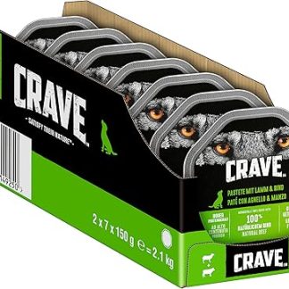 Crave Adult Wet Dog Food Pate with Lamb & Beef, 14 Bowls, 7 x 150 g (Pack of 2) - Premium Wet Dog Food with High Protein Content, No Added Grains