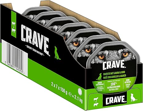 Crave Adult Wet Dog Food Pate with Lamb & Beef, 14 Bowls, 7 x 150 g (Pack of 2) - Premium Wet Dog Food with High Protein Content, No Added Grains