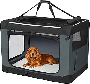 Fobyfurny Foldable Dog Box, Portable and Breathable 3-Door Dog Transport Box, Foldable with Reflective Decorations and Storage Bag, Indoor and Outdoor Use, Grey, 76.2 x 53.4 x 53.4 cm