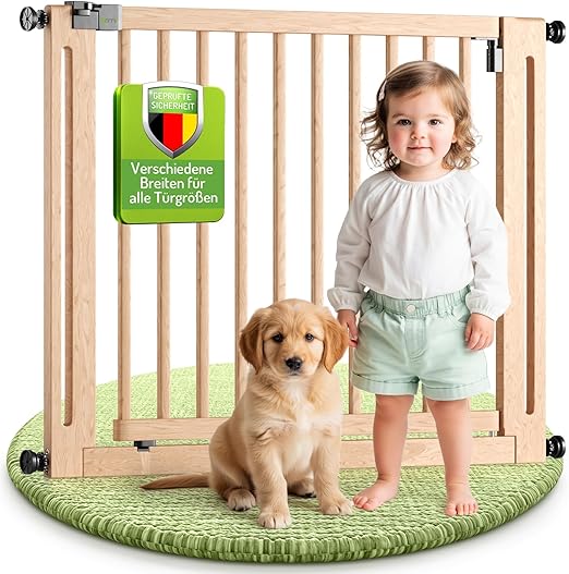BOMI Children's Stair Gate Miko PEFC Tested Beech Wood | No Drilling | 90° Stop | Baby Gate Wood with XXL Door | Children's Stair Safety Gate Door and Stair Gate for Clamping | Width: 79-87 cm
