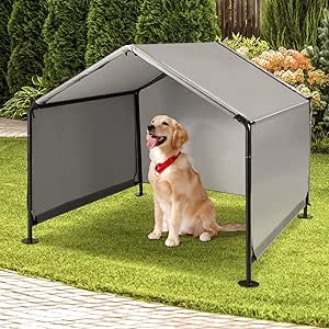 A.FATI Outdoor Dog Kennel for Small to Large Dogs, 120 x 120 x 100 cm, Waterproof Dog Tent with Back Door and Artificial Vines, Sun Protection Dog Bed with Roof for Chickens, Cats, Colour in Grey
