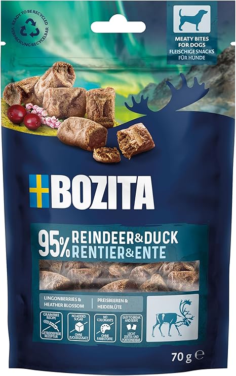 Bozita Meaty Bites Dog Snack with 95% Reindeer & Duck - 70 g Grain-Free Dog Treats without Chicken & Glycerine - Tasty Dog Treats, Ideal as Treats for Dogs During Training & Reward
