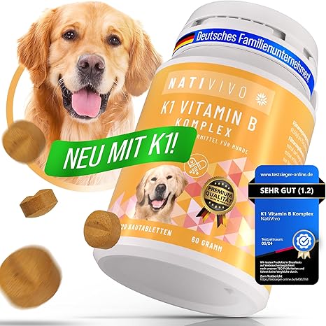 NatiVivo K1 Vitamin B Complex Dog - High Dose Dog Vitamins with Vitamin B1, B12 & Folic Acid Vitamins for Dogs 120 Premium Tablets Made in Germany
