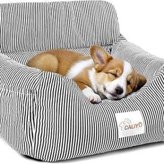 CALIYO Dog Car Seat with Sturdy Base and Safety Belt, Dog Seat Car for Small up to 10 kg, Memory Foam Seat Cover, Waterproof, Washable Dog Basket with Storage Bag (Black/White)