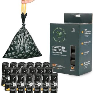 MIHA PETS Dog Waste Bags with Drawstring, Extra Thick 25 μm, Leak-Proof, TÜV Certified, Fully Compostable, Biodegradable, Pack of 180 Poop Bags for Dogs, Dog Poop Bags, Size M