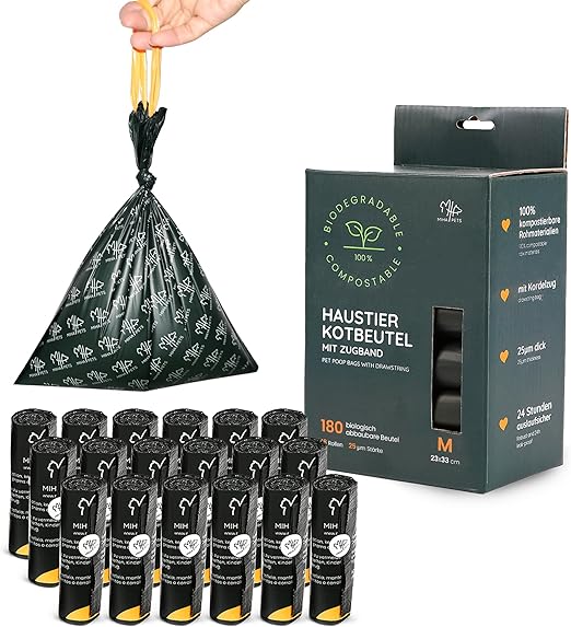 MIHA PETS Dog Waste Bags with Drawstring, Extra Thick 25 μm, Leak-Proof, TÜV Certified, Fully Compostable, Biodegradable, Pack of 180 Poop Bags for Dogs, Dog Poop Bags, Size M