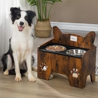 Hzuaneri Raised Dog Bowls, Raised Dog Bowl, Dog Bowl Stand with 2 Stainless Steel Bowls, Leak-Proof Dog Bowl Set, Feeding Bowls, for Small, Medium, Large Dogs, Vintage Brown and Black PB07101B